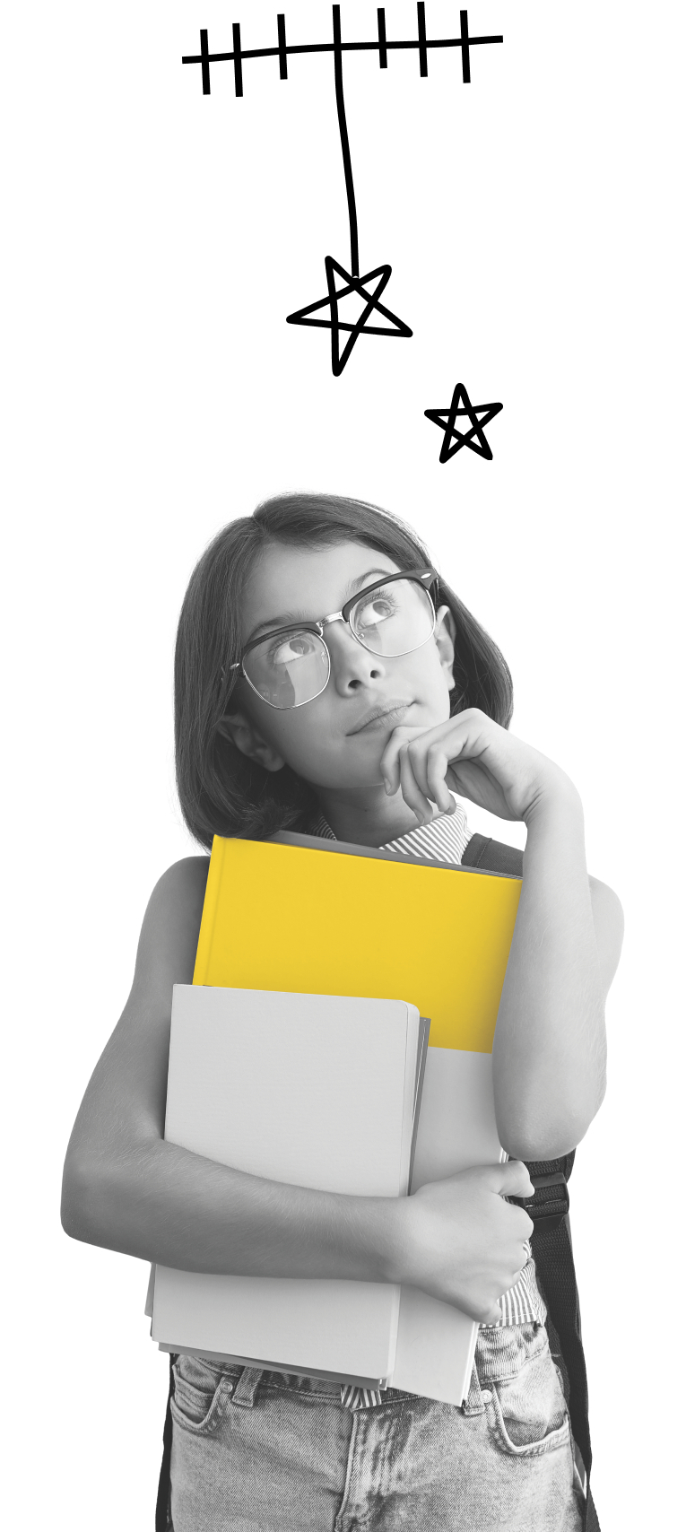 Menina pensativa, abraçando pastas com desenho, feito a mão, de uma antena e estrelas