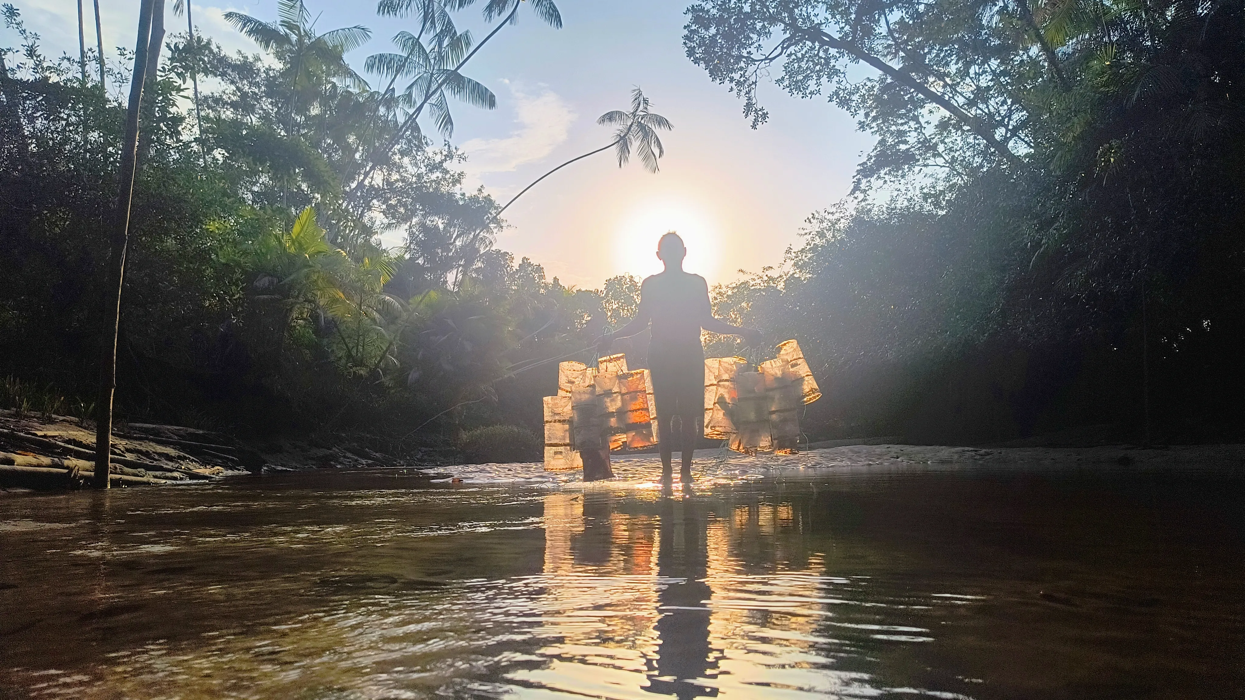Waldeci retira os matapis ao pôr do sol, que garante sustento parcial das famílias ribeirinhas. Foto: Priscila Cobra