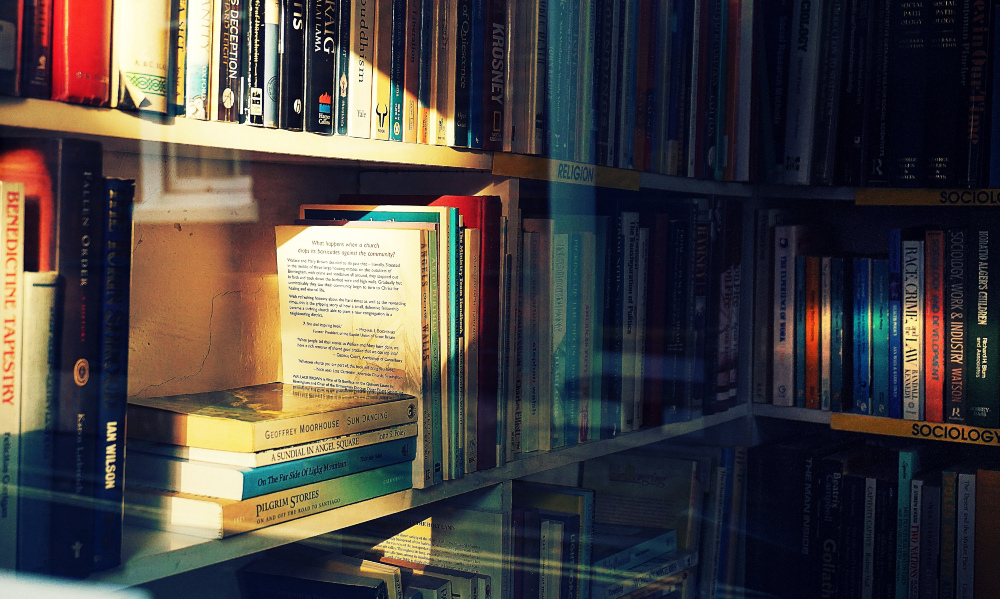 Vários livros em uma estante.
