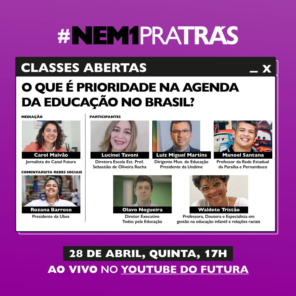 Um quadro lilás serve de pano de fundo para uma lista com pessoas - 4 em cima, 3 embaixo - que participarãpo do evento Classes Abertas no dia 18 de abril de 2022.