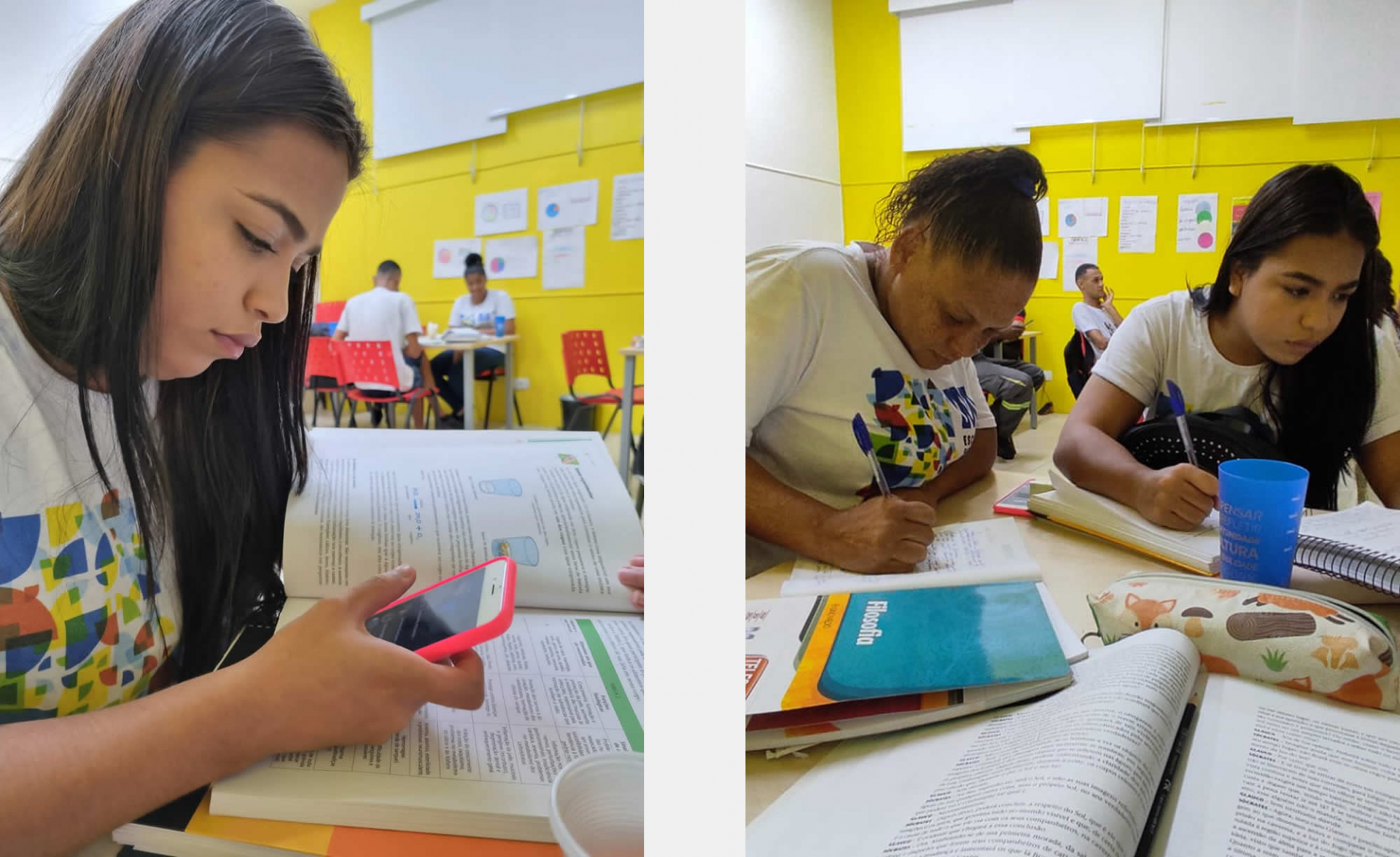 duas imagens: a da esquerda mostra uma estudante fazendo uma tarefa usando o livro e o celular e a outra mostra duas estudantes escrevendo no caderno sobre uma mesa