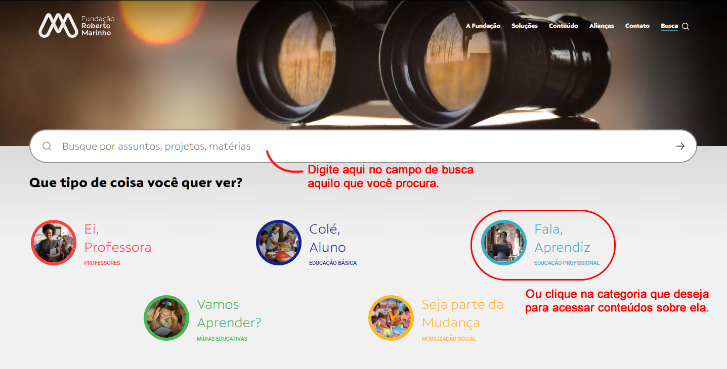 print de tela do Portal FRM destacando como fazer a busca de um conteúdo