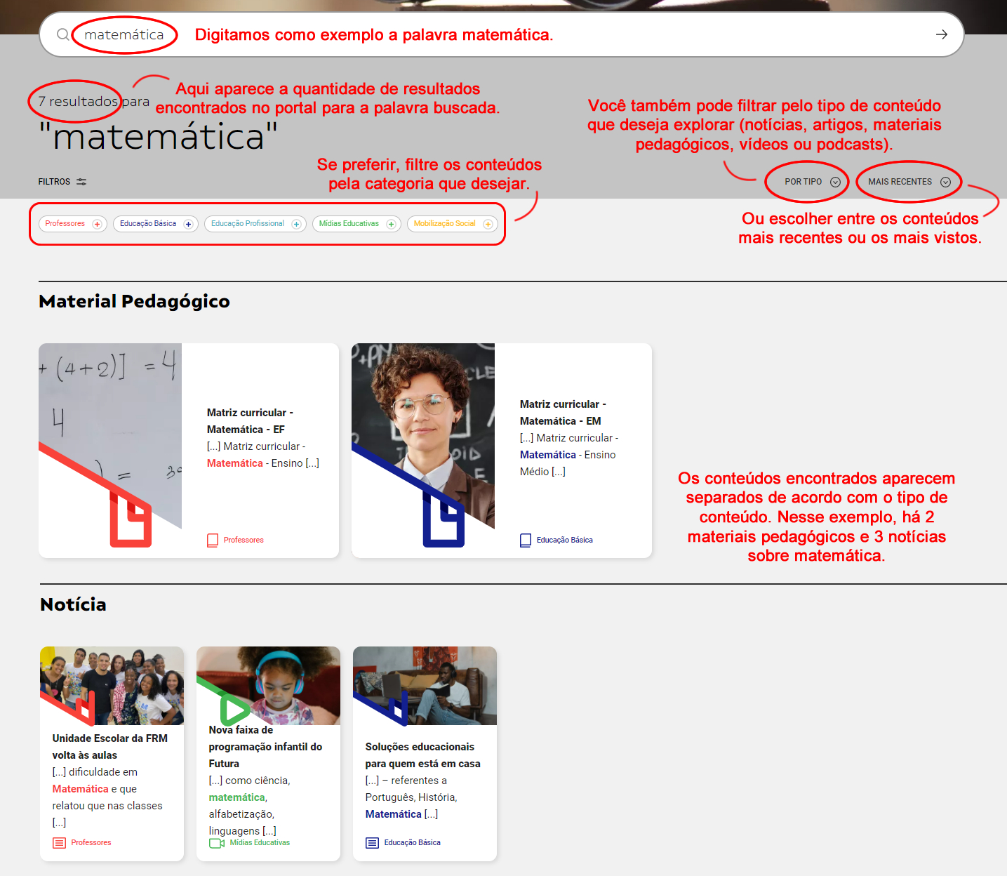 print de tela do Portal FRM destacando como filtrar sua busca