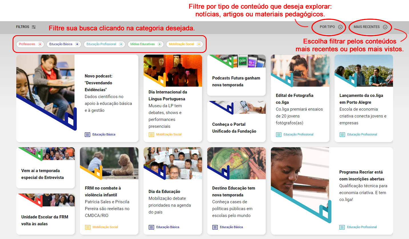 print de tela do Portal FRM destacando as diferentes maneiras de navegar nos conteúdos do portal