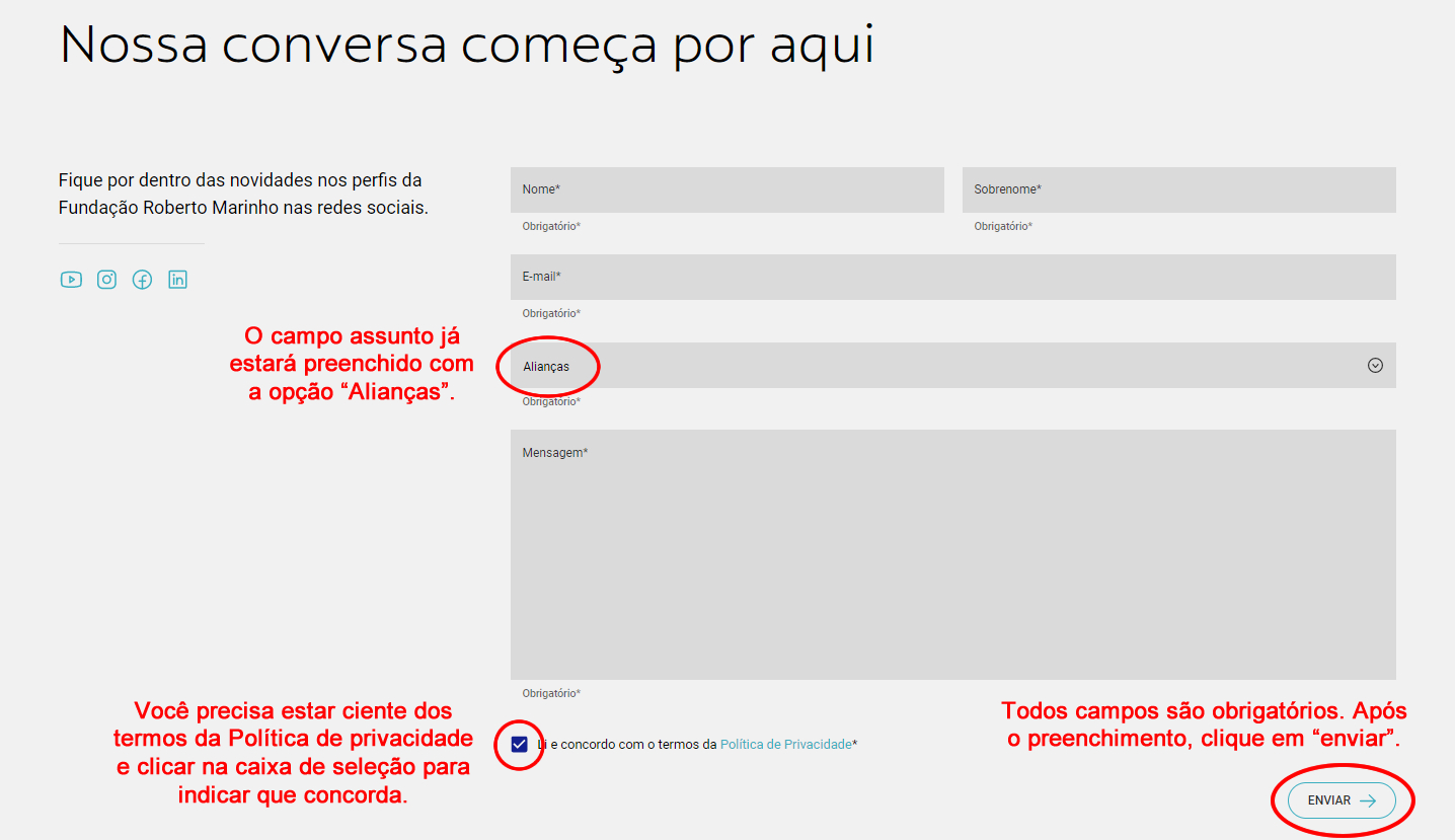 print de tela do Portal FRM destacando o formulário para solicitação de aliança