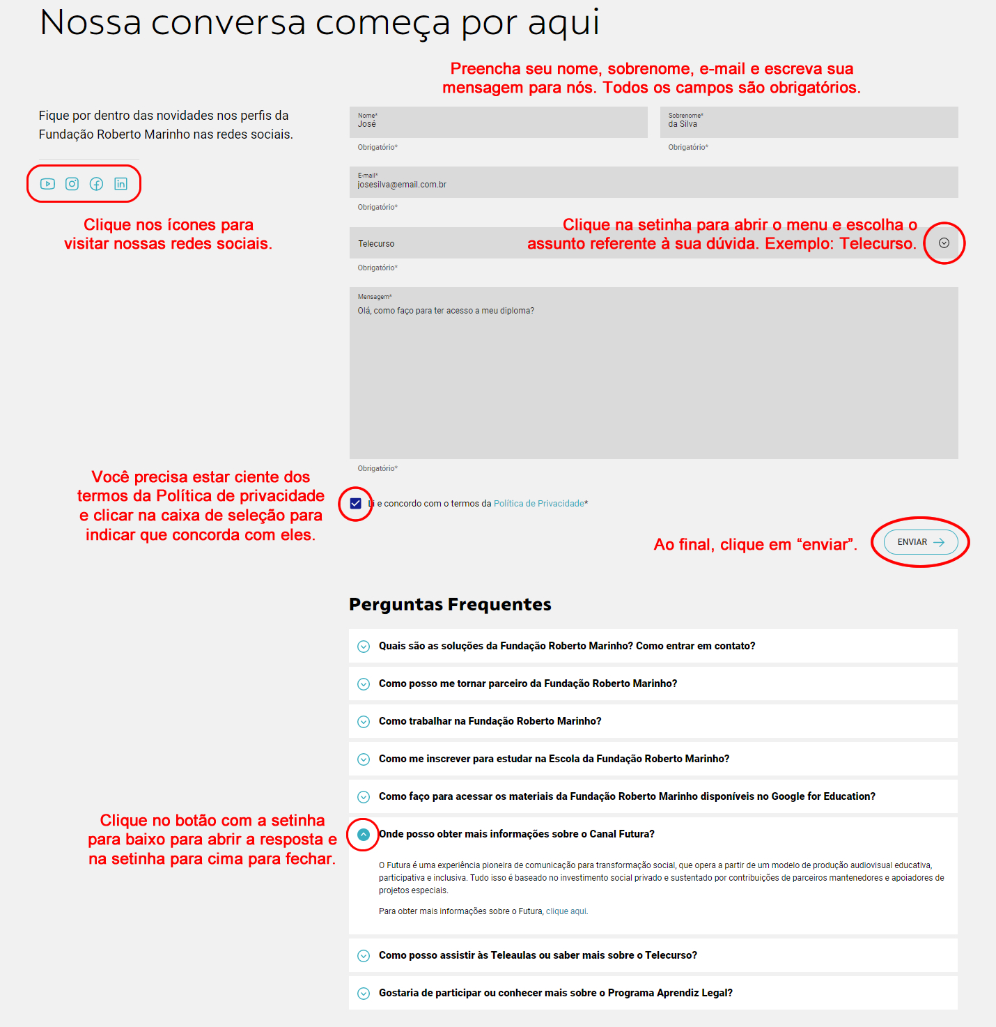 print de tela do Portal FRM destacando os itens da página de contato