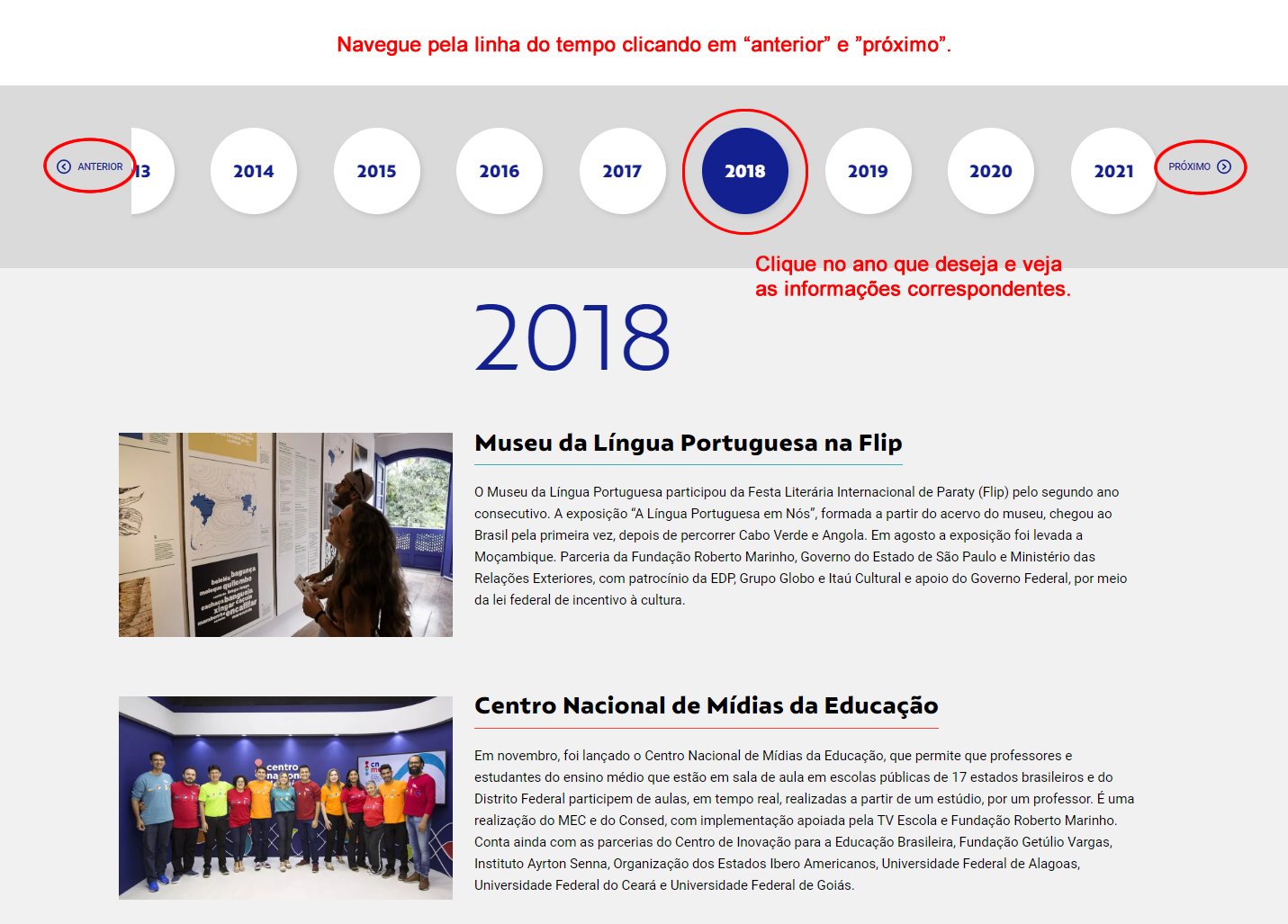 print de tela do Portal FRM mostrando a barra de navegação da linha do tempo