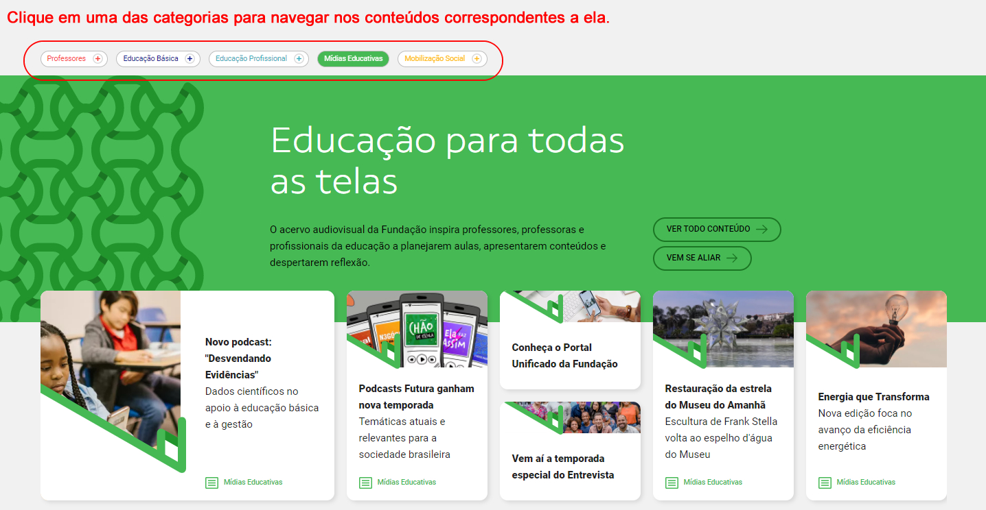print de tela do Portal FRM mostrando o menu de categorias para facilitar a busca de conteúdos