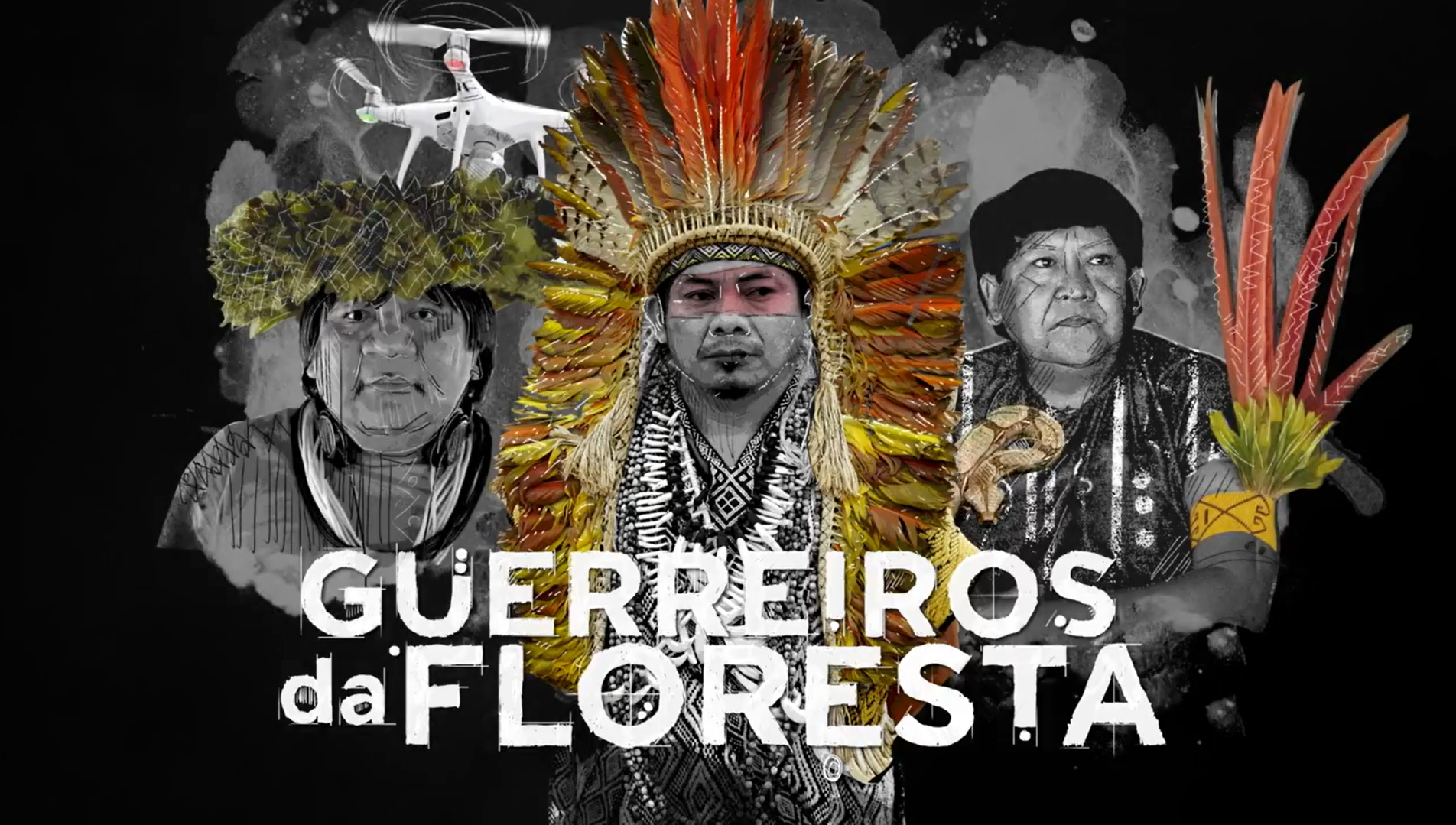 A logo da série Guerreiros da Floresta, que tem a imagem de três homens indígenas