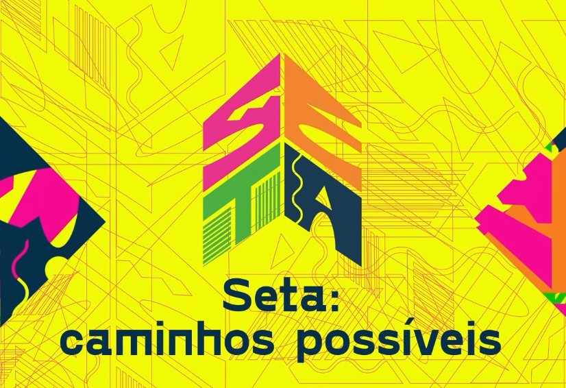Sobre fundo amarelo, a logomarca colorida da série "SETA: caminhos possíveis".