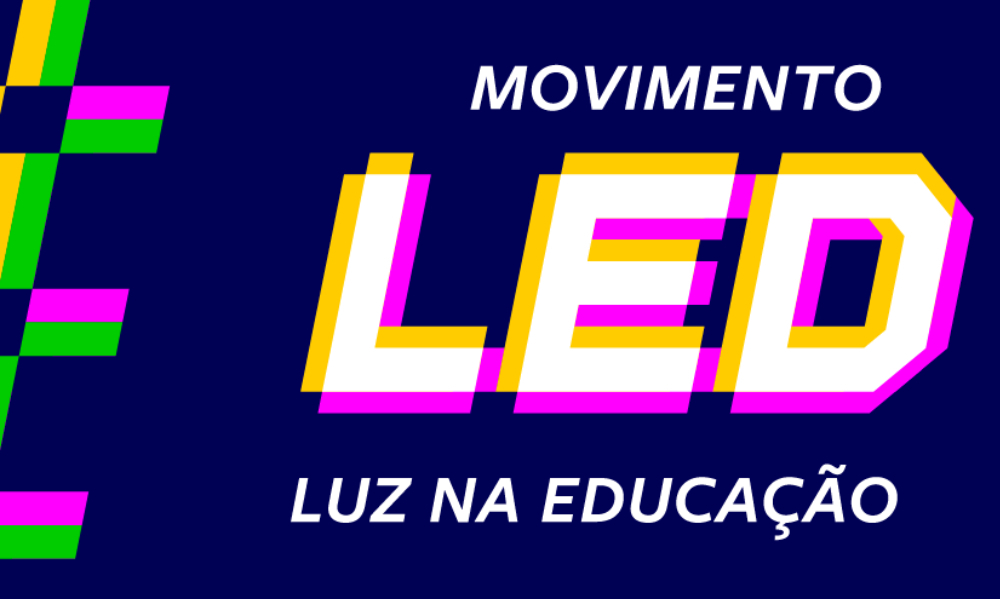 Imagem com fubdo azul e o nome do projeto em branco, amarelo e rosa: Movimento Led - Luz na Educação".