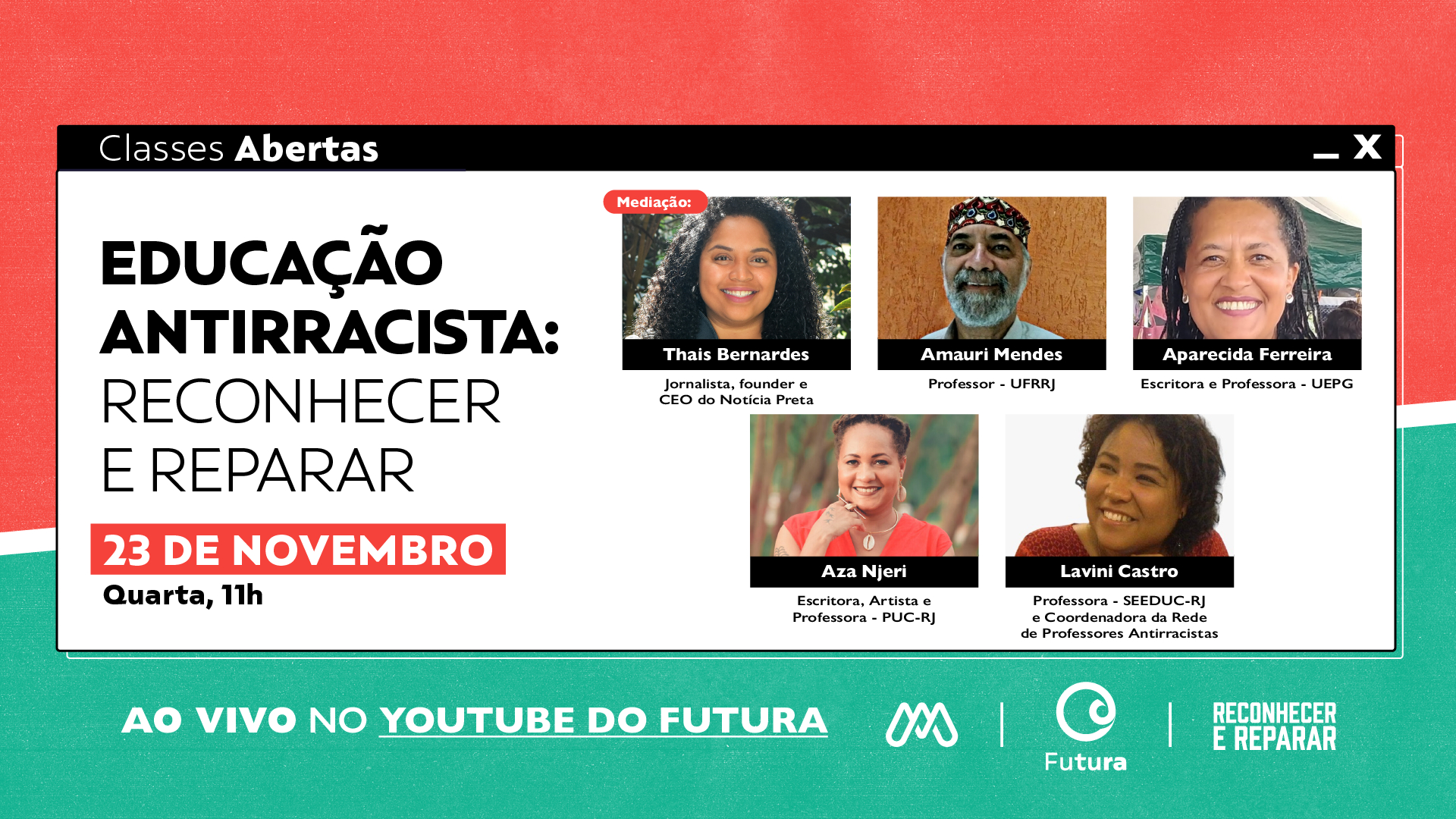 Cartaz com os rostos dos participantes do evento "Classes Abertas".
