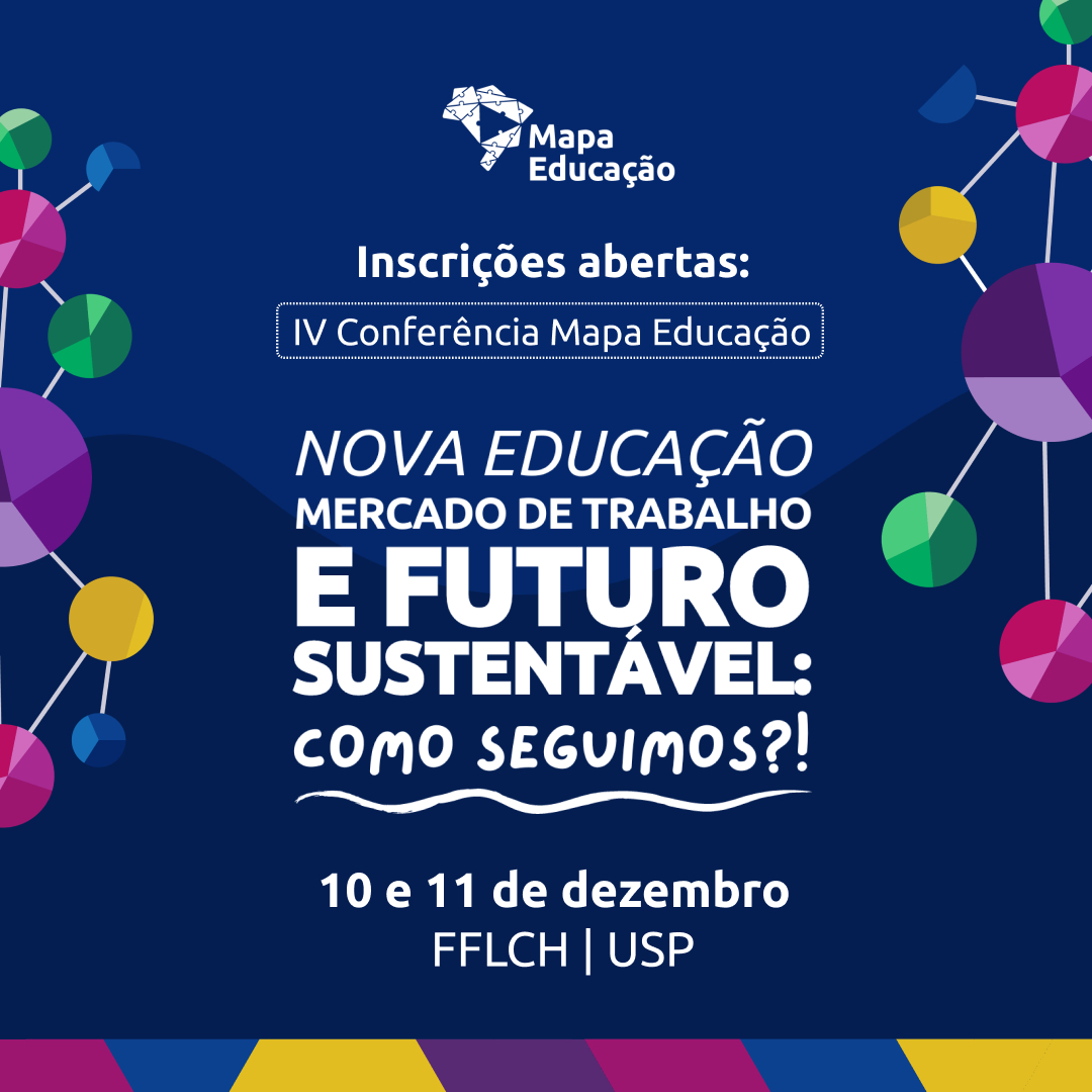 Fundo azul-marinho, com informações sobre a IV Conferência Movimento Mapa Educação.