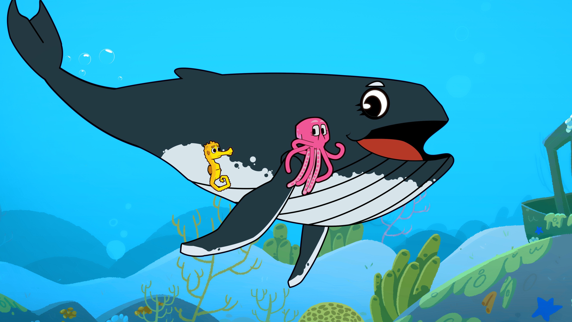 Desenho de uma baleia e um polvo no oceano