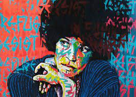 Uma pintura colorida com a imagem de Angela Davis.