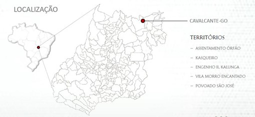 Um mapa do Brasil com a indicação da localização de Cavalcante, munícipio do estado de Goiás