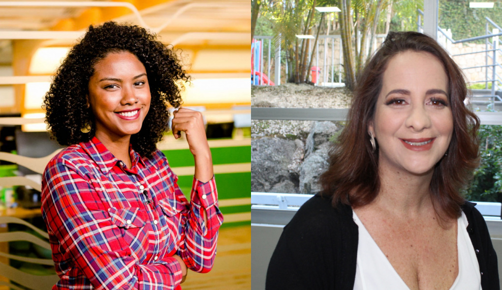Imagem dividida. São duas fotos diferentes colocadas lado a lado. A da esquerda pe uma mulher negra, jovem, de cabelos encaracolados e blusa xadrez com tons de vermelho, azul e branco. Já a da direita é uma moça branca, que aparenta ser mais experiente e está de blusa branca e uma manta fina preta por cima da blusa