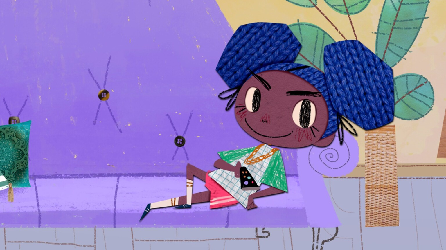 Imagem no formato de animação de uma menina negra deitada no sofá com o controle da TV na mão direita