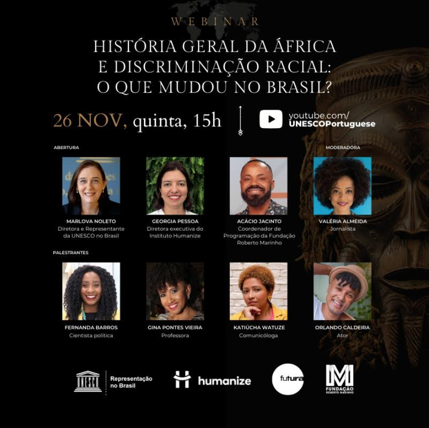 Arte de anúncio do webinar, com um fundo preto e a foto das pessoas que irão participar, além das informação de quando, horário, apoiadores e onde