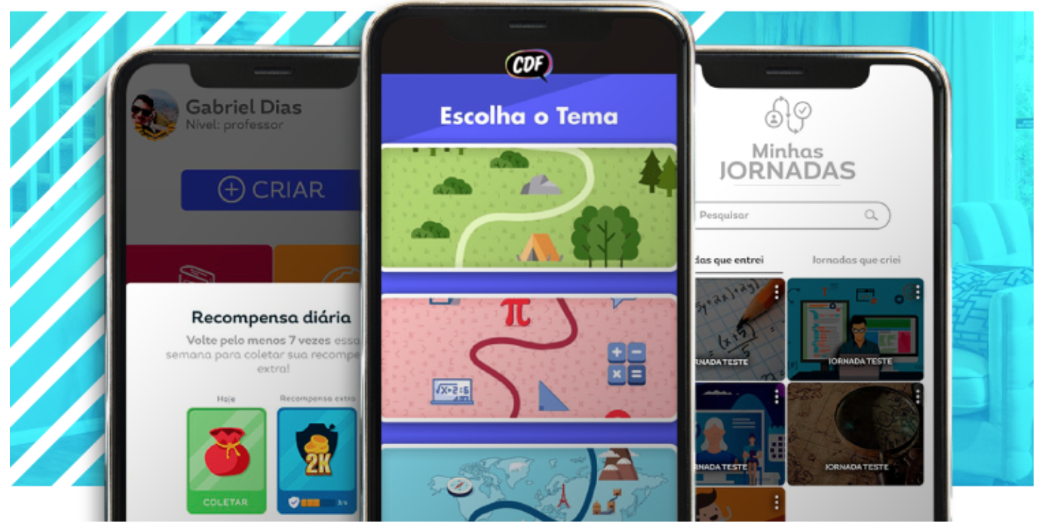 três celulares lado a lado ligados em telas do app CDF