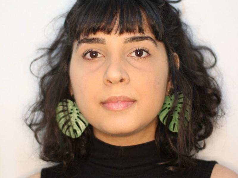 Imagem de Elaine, uma mulher branca, de cabelos lisos e pretos, com franjinha e brincos verdes no formato de folhas