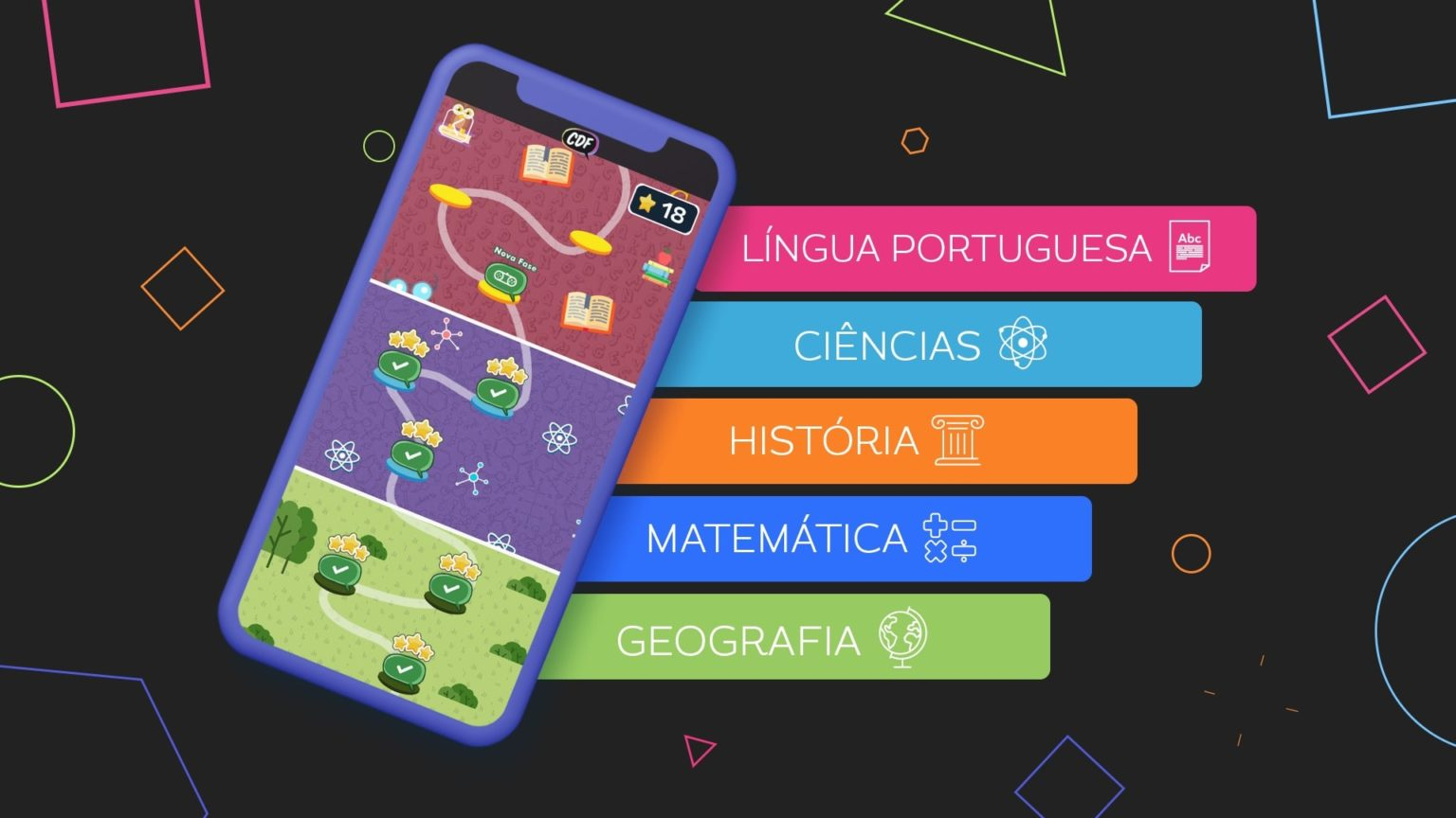 Arte de um celular roxo com a tela ligada em um app chamado CDF mostrando uma espécie de mapa colorido de avanço de nível. Ao lado do celular há cinco retângulos coloridos, um acima do outro, com o nome das seguintes disciplinas: língua portuguesa, ciências, história, matemática e geografia