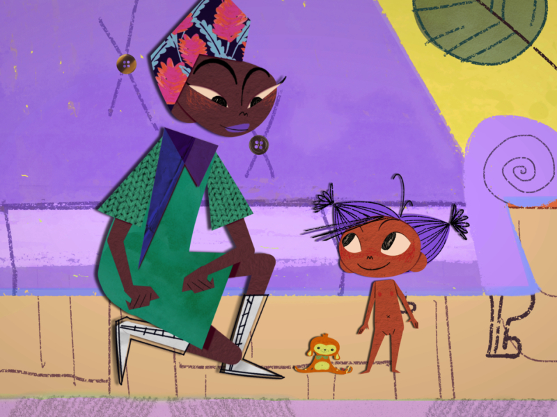 Imagem animada de uma mãe negra ajoelhada olhando para a filha bebê, que está nua e sorridente olhando para a mãe