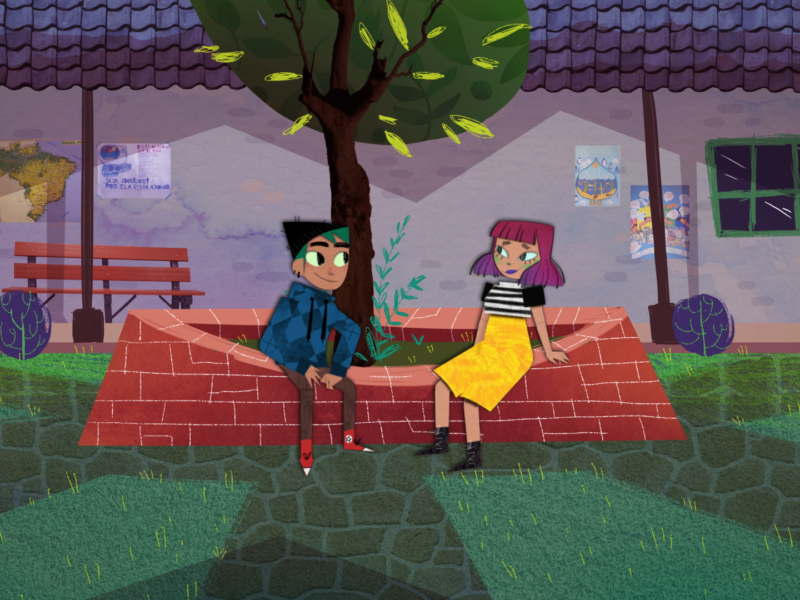 Imagem no formato de animação de um jovem casal de adolescentes sentados lado a lado em uma praça. Eles estão se olhando demonstrando timidez e interesse. Parecem apaixonados