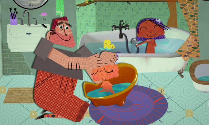 Uma imagem animada de um pai dando banho em um bebê e uma outra criança tomando banho em uma banheira, também sob supervisão do pai