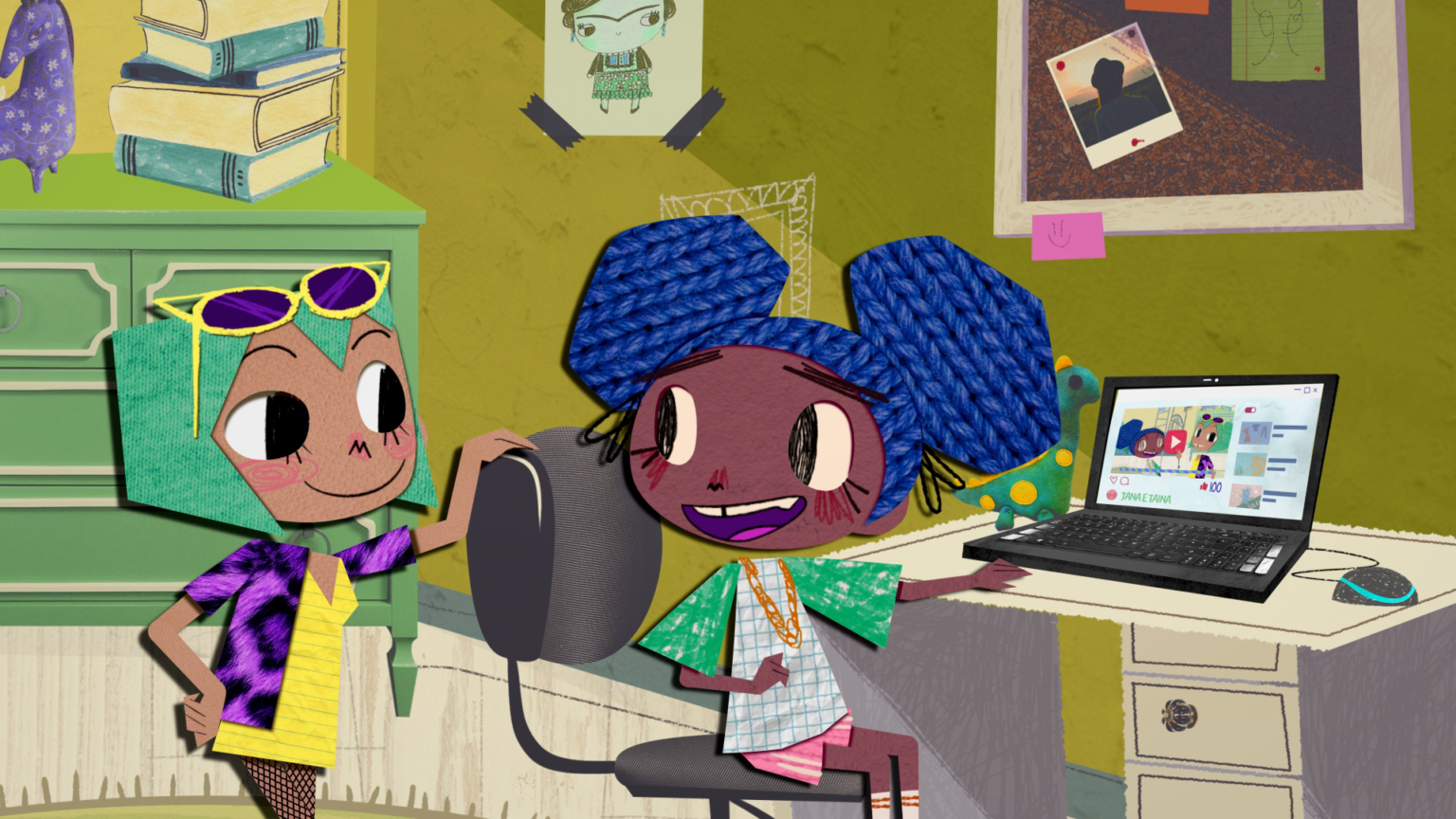 Imagem no formato de animação de duas meninas conversando em frente a um notebook ligado
