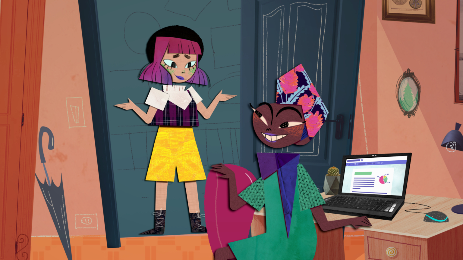Imagem no formato de animação de duas mulheres se vendo sorridentes. Uma é negra e está sentada com um computador na mesa em sua frente e a outra é branca e está bem na porta de entrada