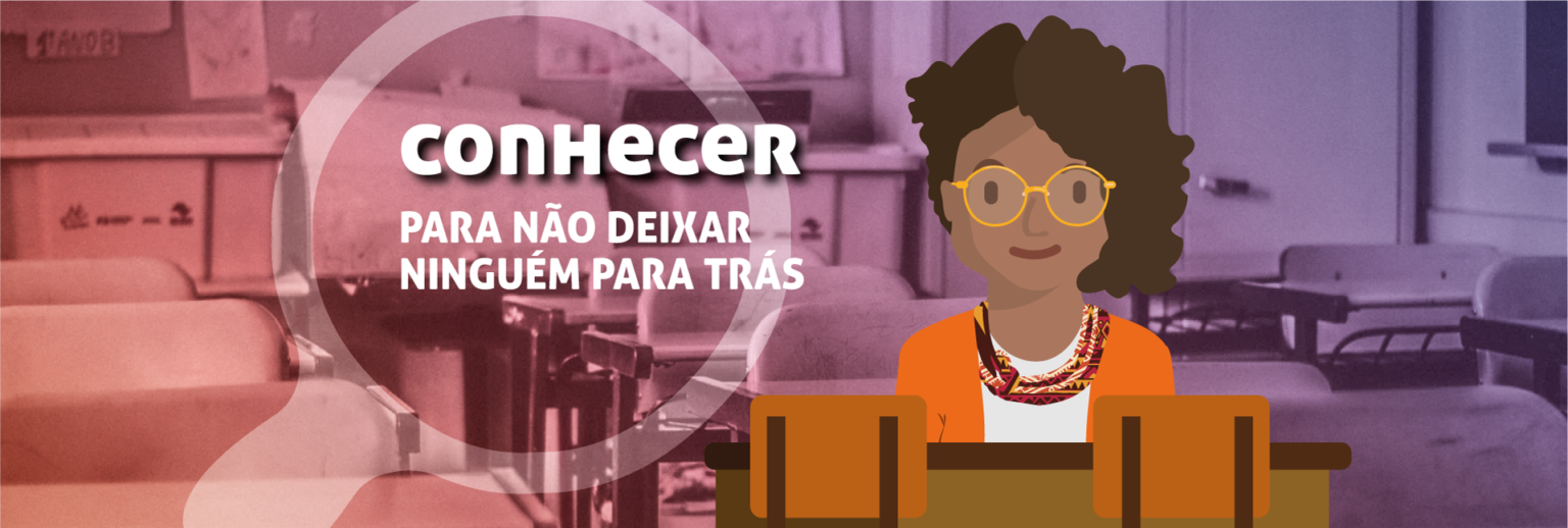 Arte em animação de uma mulher negra de óculos com os dizeres "conhecer para não deixar ninguém pra trás"
