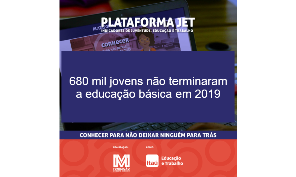 Cartaz de anúncio da Plataforma JET com a frade de 680 mil jovens não terminaram a educação básica em 2019