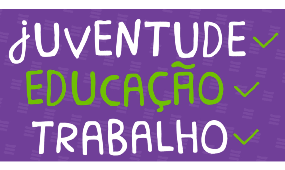 As palavras "juventude", "educação" e "trabalho" estão escritas em um fundo lilás na cor branca, exceto a palavra "educação", que está em verde
