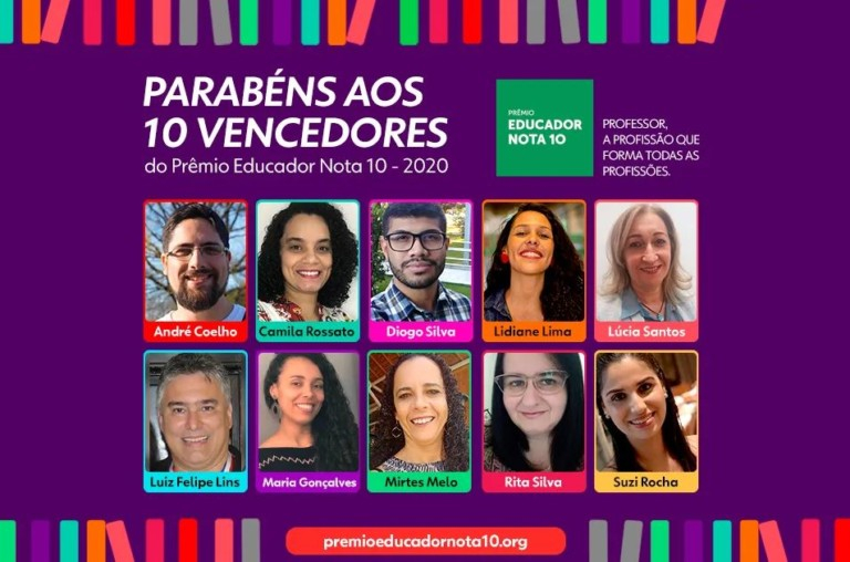 Cartaz na cor roxa com detalhes coloridos nas extremidades de cima e de baixo mostrando o rosto das dez pessoas vencedoras do Prêmio Educador Nota 10