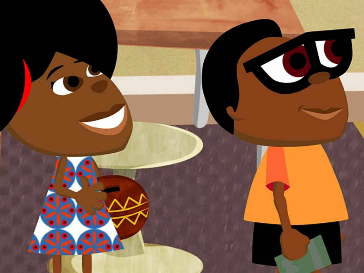 Imagem no formato de animação de duas crianças negras lado a lado. Um menino e uma menina