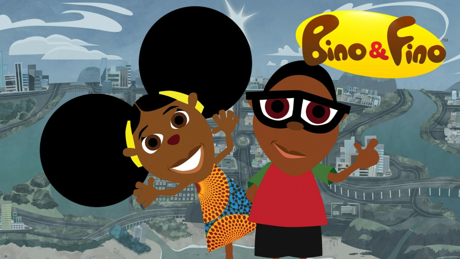 Imagem no formato de animação de duas crianças negras sorrindo e a logomarca do desenho Bino & Fino