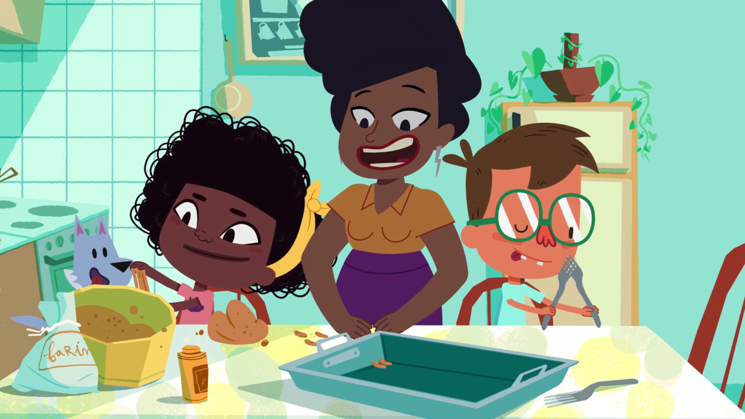 Imagem no formato de animação de uma mulher negra entre uma menina negra e um menino branco de óculos