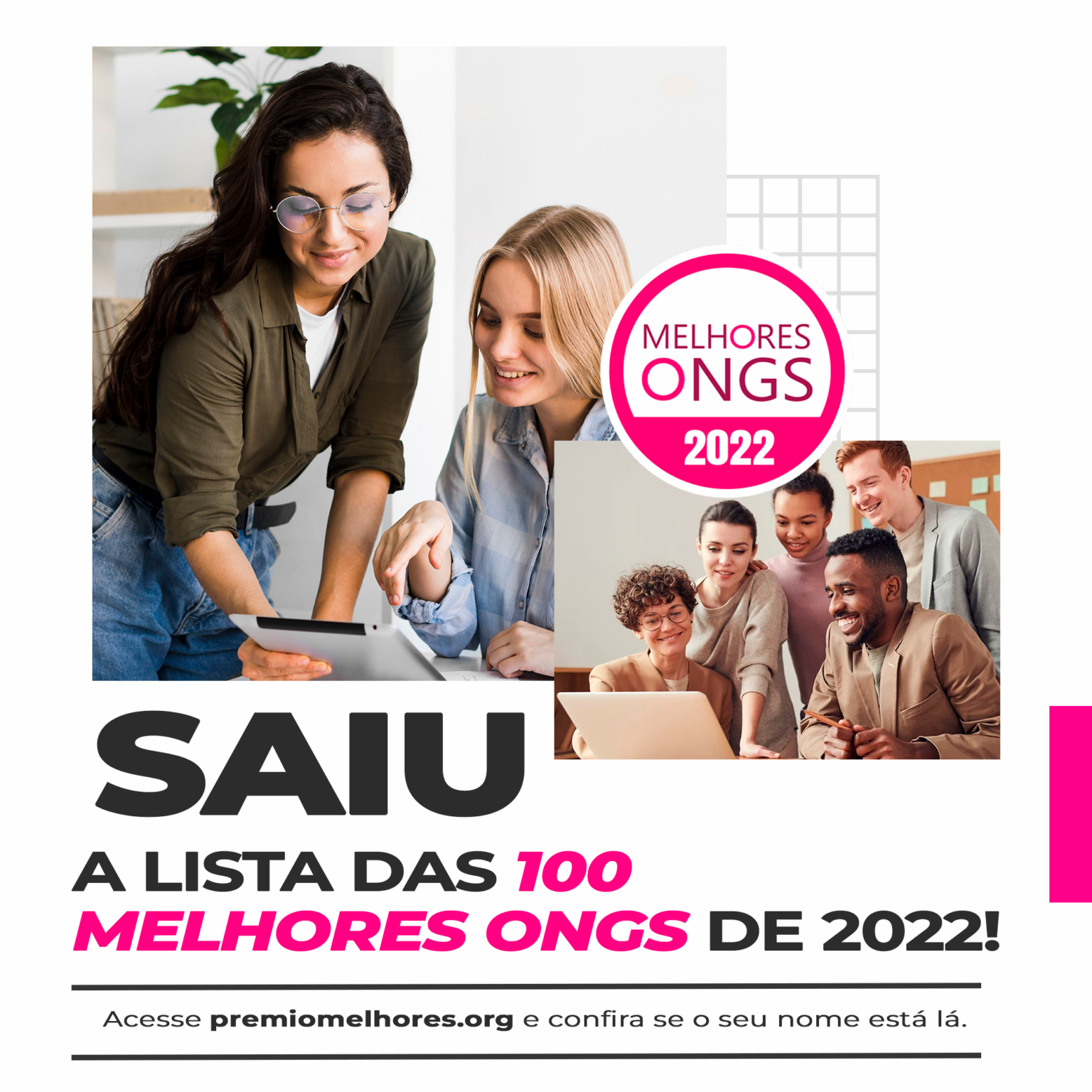 Cartaz de divulgação da lista das 100 melhores Ongs de 2022