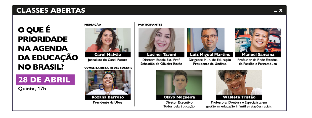 Arte de divulgação do Classes Abertas, mostrando foto das pessoas que irão participar ao vivo