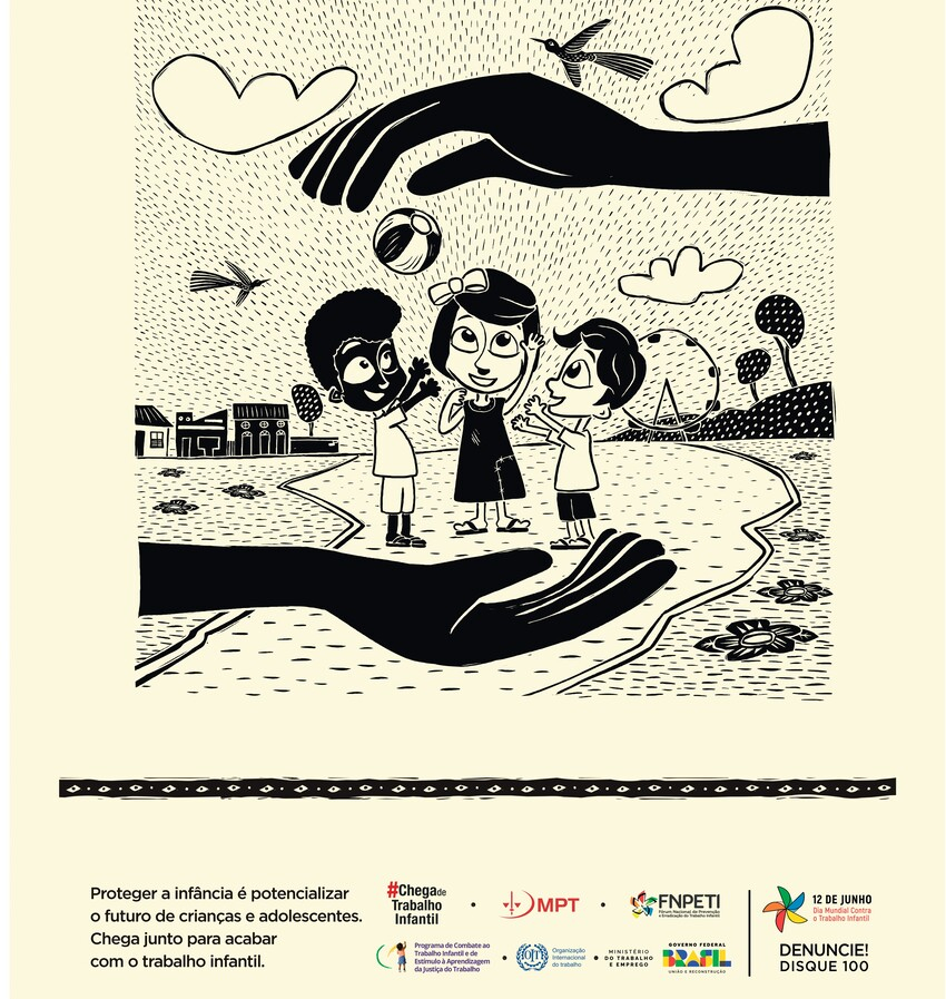 Desenho de três crianças ilustra a cartilha da campanha contra o trabalho infantil.