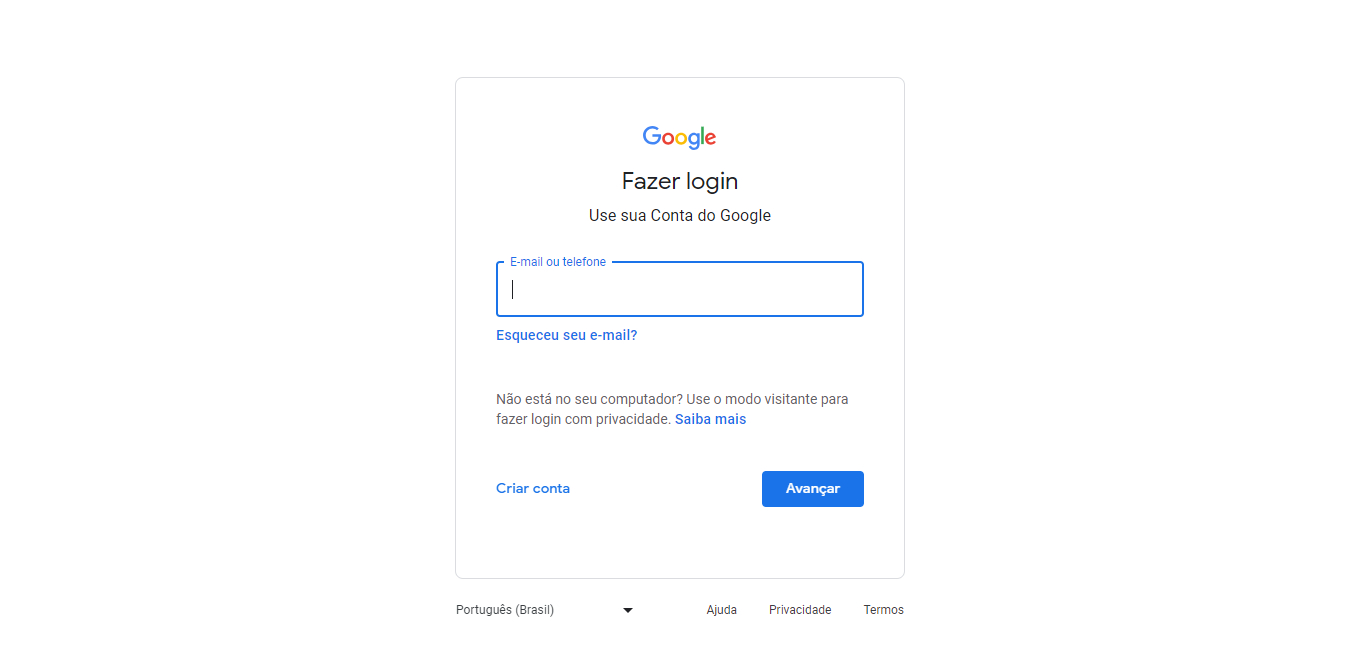 Fundo branco e letras pretas na tela de login do Google.