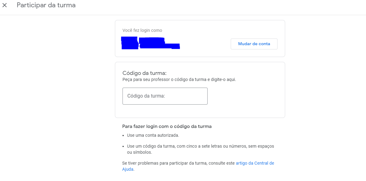 Fundo branco e texto em preto informando que a pessoa precisa preencher o código da turma.