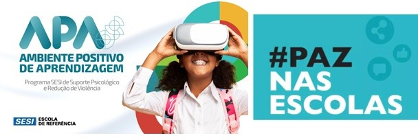 Fundo branco, com informações sobre a série #PazNasEscolas. Uma jovem negra está usando óculos de realidade virtual e sorrindo.