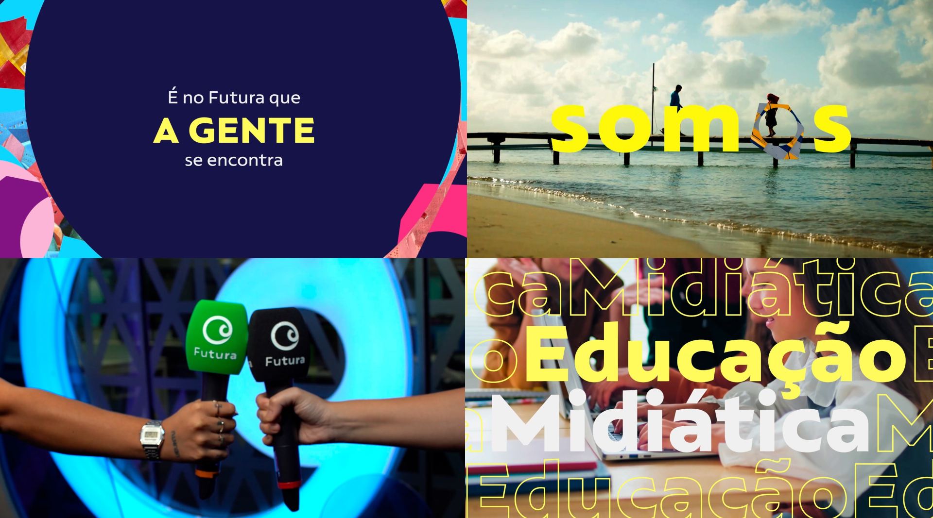 Imagem com elementos como microfones, praia e sala de aula.