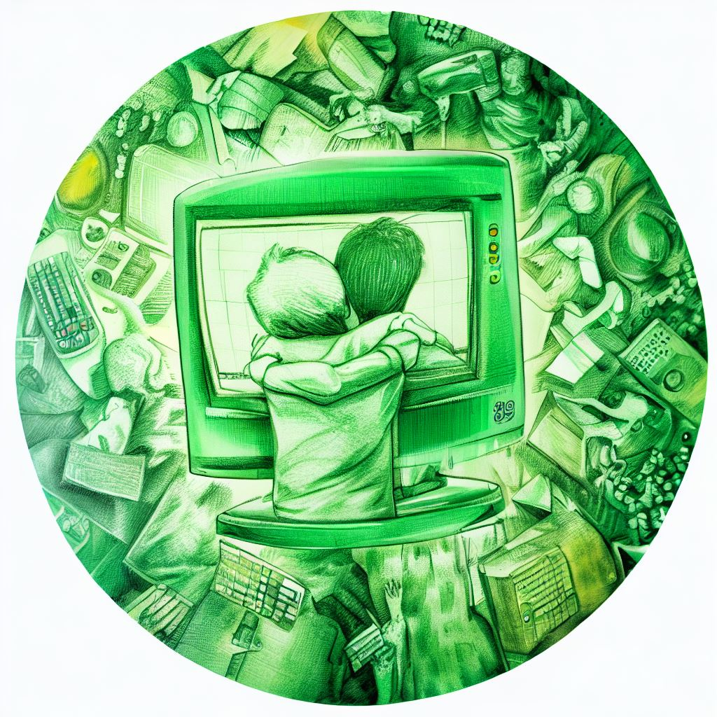 Imagem circular e em tons de verde. Ao centro, duas crianças se abraçam através da tela de uma tv.
