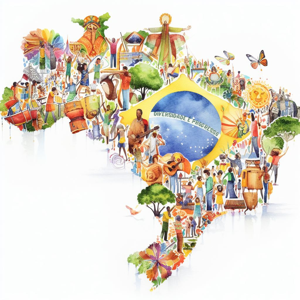 Imagem abstrata e colorida, com referências a diversos elementos de culturas distintas. Os limites da imagem remetem ao mapa do Brasil. A parte central da imagem faz menção à bandeira do nosso país.