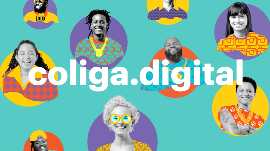 Fundo azul claro, com imagens de pessoas sorrindo e o nome "coliga.digital" em destaque, ao centro.