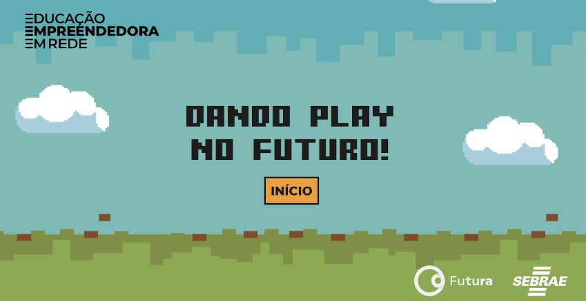 Fundo azul-claro, com a base dele em verde, remetendo a um campo, mas em estética parecida com as telas de videogames.