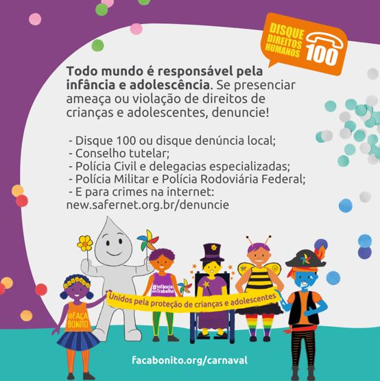 Fundo lilás com texto no centro e personagens desenhados abaixo.
